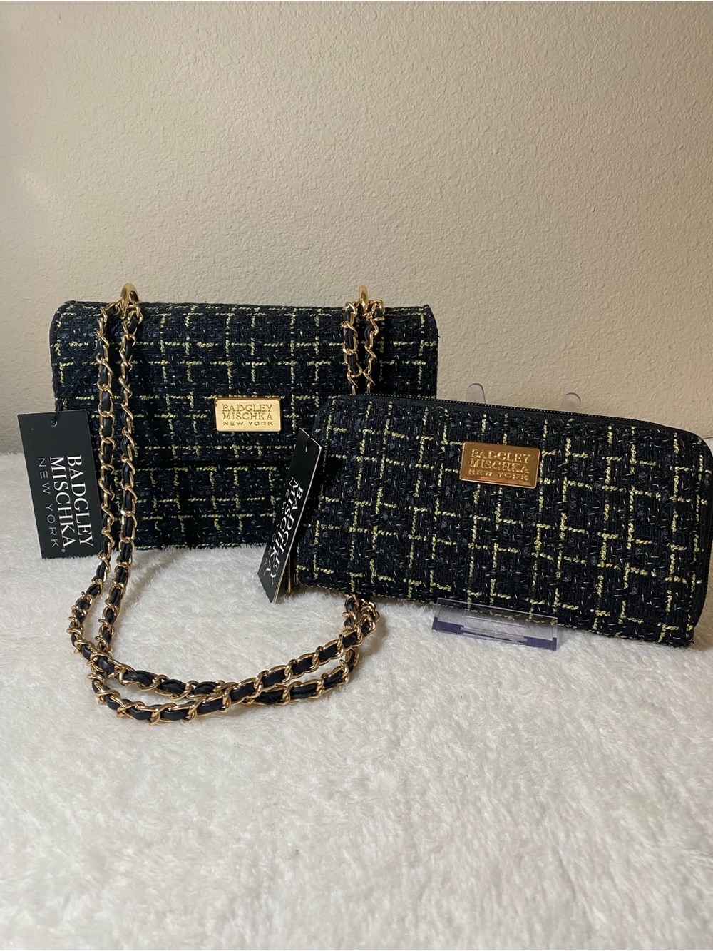 Badgley Mischka Black and Gold Tara Tweed Chain Crossbody and Wallet Set NWT